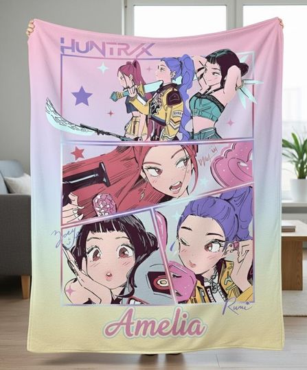 Discover Custom Name K-Pop Demon Hunters Blanket, Cute Anime-Inspired Cozy Throw for Fans, Personalize Huntrix Blanket, Gift for K-Pop Granddaughters