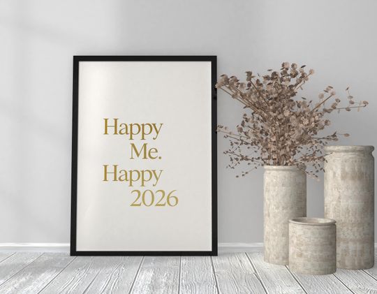 Discover Happy Me Happy 2026 Minimal Typography Wall Art Print