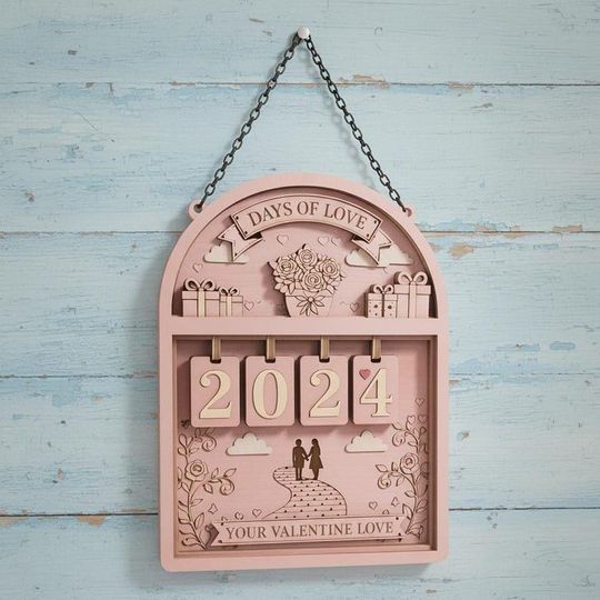 Discover Days of Love Wooden Countdown Plaque, Personalized Valentine Wall Hanging, Anniversary & Engagement Gift for Couples