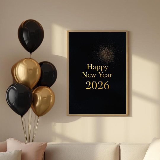 Discover Happy New Year 2026 Wall Art Print, Black Gold Decor