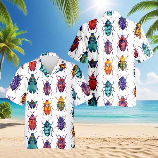 Discover Colorful Insects Hawaiian Shirt, Nature Bug Aloha Shirt, Butterfly Bee Beetle Button Down, Summer Casual Outfit