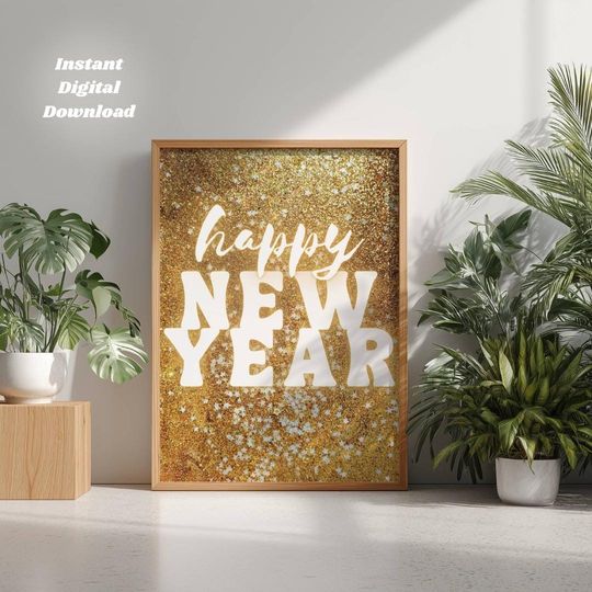 Discover Happy New Year Gold Glitter Wall Art Holiday Printable Decor