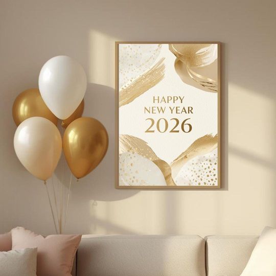 Discover Happy New Year 2026 Gold Abstract Printable Wall Art