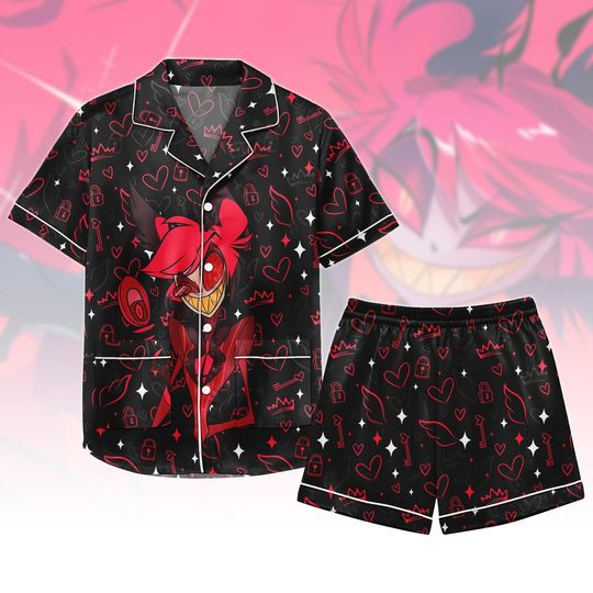 Alastor Hazbin Hotel Pajamas Set with Pocket, Angel Dust Short Pjs, Charlie Character Sleepwear for Women