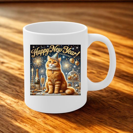 Discover Mug Happy New Year Everyone  Festive Cat with Champagne, Fireworks and Holiday Cheer | Funny & Original Gift