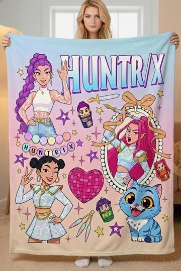 Kpop Demon Hunters Blanket, Rumi Zoey Mira Kpop Throw, Demon Hunters Ramen Blanket, Huntrix Demon Hunters Hearts Custom Blanket