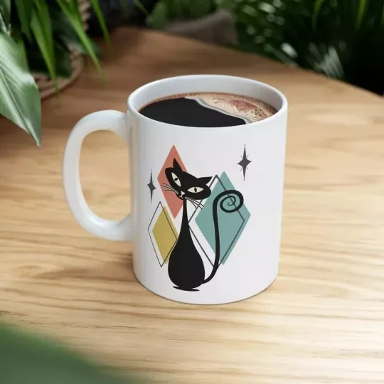 Discover Retro Atomic Cat Ceramic Coffee Mug (11oz, 15oz)