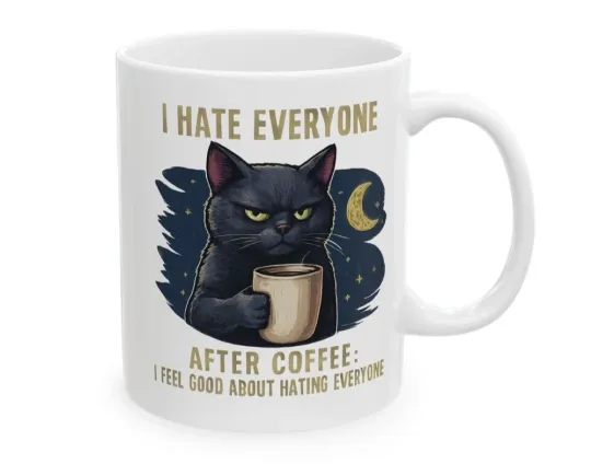 Discover Funny Cat Coffee Mug Grumpy Black Cat Humor Cup 11oz Gift Morning Drink