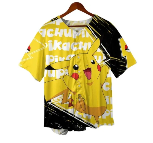 Discover Pika Baseball Jersey - Electric Anime Shirt - Yellow Button-Up Tee