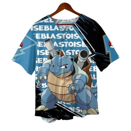 Blastoise Baseball Jersey - Anime Water Shirt - Button-up Jersey Tee