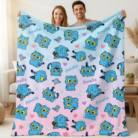Discover Derpy Cat Kpop Blanket, Huntrix Demon Hunters Merch, Cute Cartoon Throw Blanket, Personalized Kpop Fan Gift, Kpop Music Anime Style Blanket