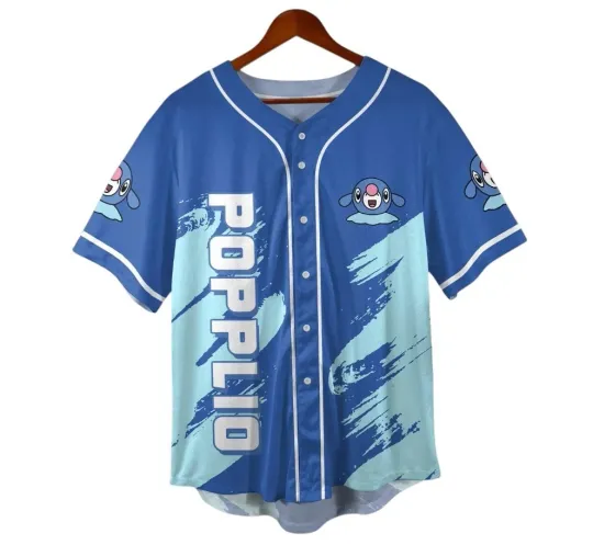Discover Popplio Baseball Jersey, Cute Blue Anime Unisex Button-Up Shirt