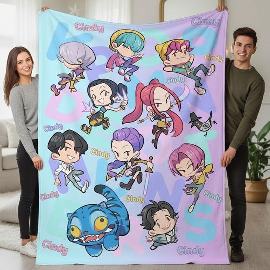 Discover Custom Name Huntrix Demon Hunters & Saja Boys Kpop Chibi Blanket, Cute Anime Idol Throw, Custom Name Blanket, Kpop Fan Gift, Cozy Room Decor