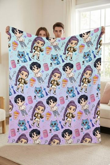 Discover Huntrix Kpop Chibi Blanket, Cute Anime Idol Throw Blanket, Kpop Fan Gift, Cozy Soft Bedding Decor, Huntrix Merch for Kids & Teens