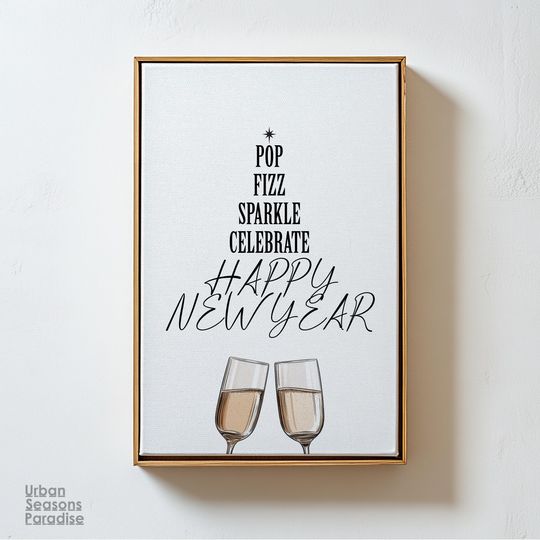 Discover Happy New Year Wall Art, 2026 New Years Printable, Modern Typography Printable Decor, New Year's Eve Celebration Poster, Champagne Prints