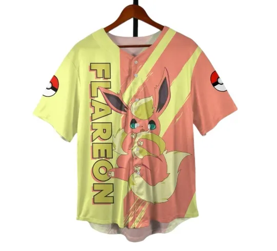 Discover Flareon Baseball Jersey - Custom Name Anime Button-Up Tee