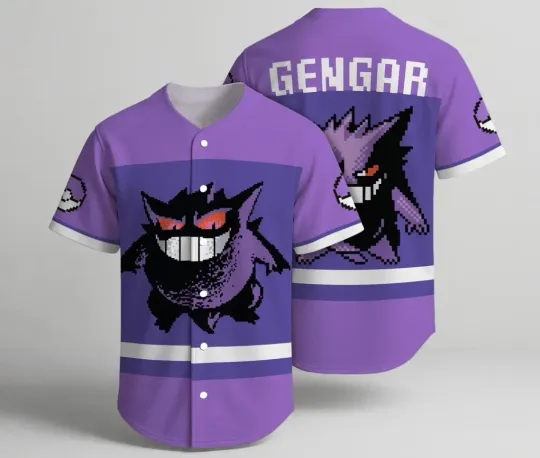 Gengar Baseball Jersey with Purple Pixel Art Graphic