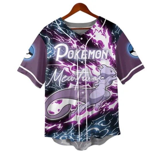 Mewtwo Baseball Jersey Shirt, Graphic Button-Up Streetwear Jersey