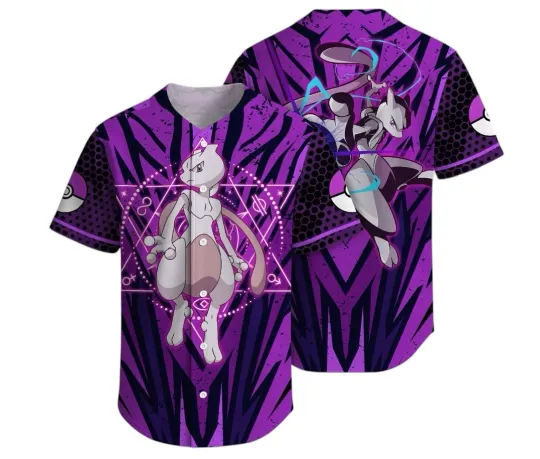 Mewtwo Baseball Jersey, Purple Graphic Button-Up Summer Top