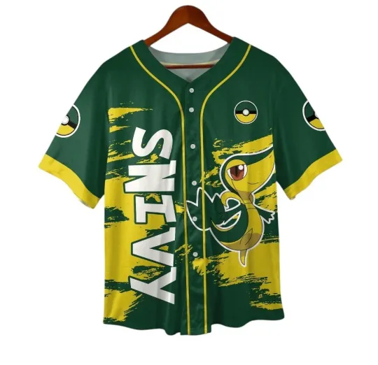 Snivy Baseball Jersey - Green Anime Character Shirt - Cute Grass-Type Button Up