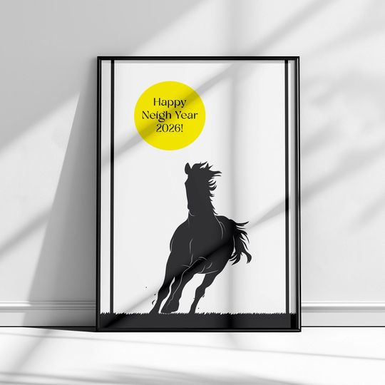 Discover Happy New Year 2026 Poster, Printable Holiday Wall Art, Digital Download, Horse Print