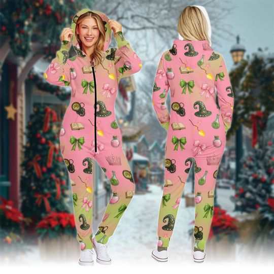 Discover Wicked Glinda and Elphaba Hooded Jumpsuits for Women & Men, Cozy Christmas Pajamas, Winter Gift