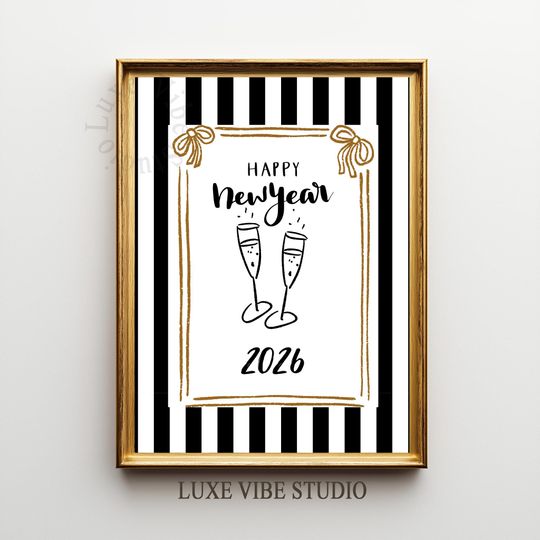 Discover Chic Happy New Year Printable Art - 2026 Party Decor, Doodle Hand Drawn Wall Art, Coquette Champagne Digital Art, Digital Download 556