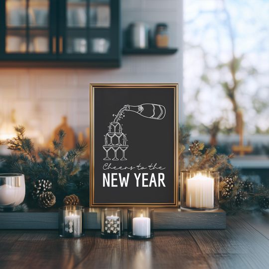 Discover Cheers to the New Year Printable Wall Art, Champagne Wall Art, New Year Poster Instant Download, Black and White New Year's Eve Decoration