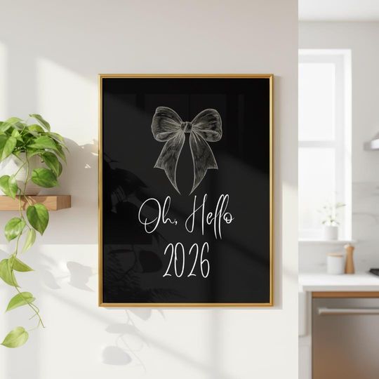 Discover Retro New Year's Eve Party Sign, Coquette 'Oh Hello 2026' Printable Wall Art