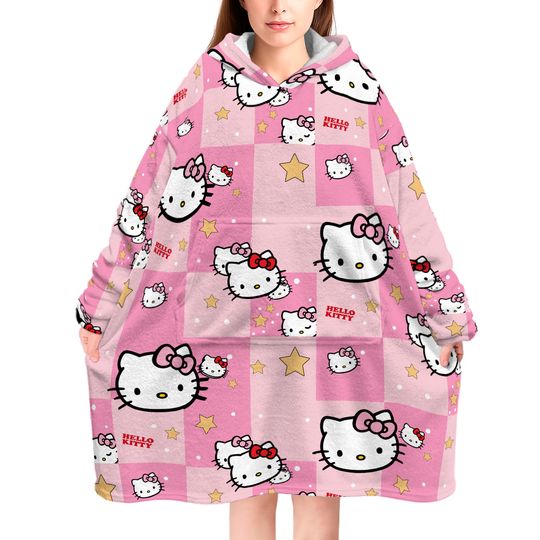 Anime Blanket Hoodie  oversize snuggle Sherpa Hello Kitty unisex adults and kids