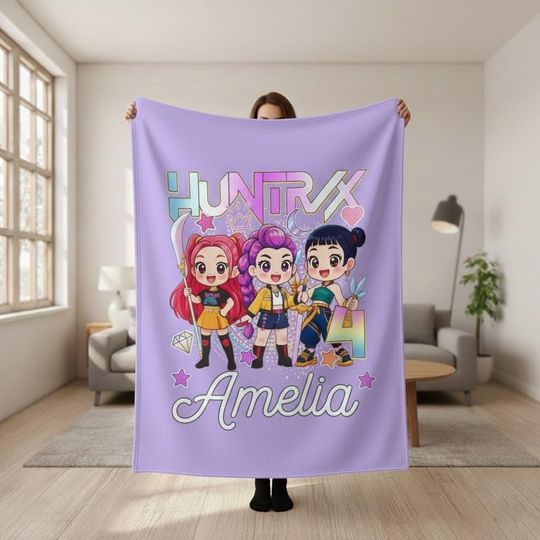 Discover Personalized Kpop Demon Hunters Blanket Gift, Demon Hunters Birthday Gift, Huntrix Bedroom Blanket, KPop Demon Hunter Rumi Zoey Mira Blanket