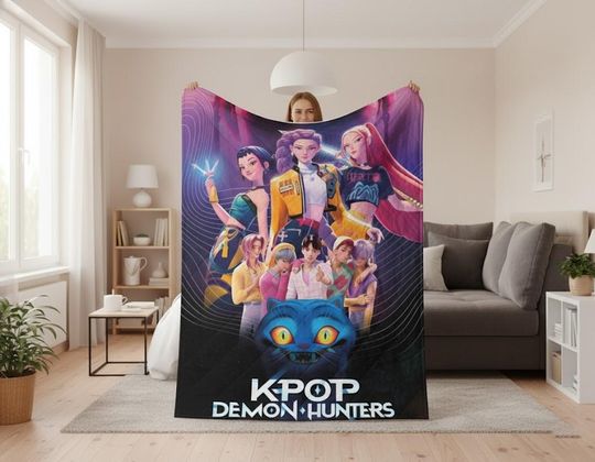 Custom Name Huntrix Demon Hunters Blanket, Kpop Huntrix Blanket For Kids, Kpop Music Inspired Blanket, Huntrix Christmas Blanket Gift