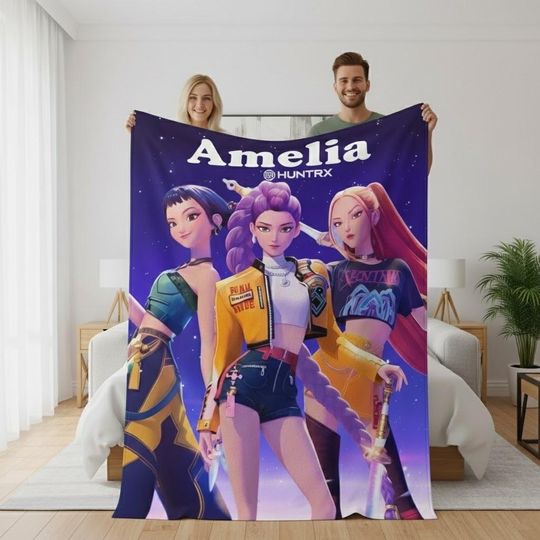 Discover Kpop Demon Hunters Blanket, Kids' Bedroom Decor, Custom Name Demon Hunters Blanket, Kpop Rumi Zoey Mira Blanket, Huntrix Christmas Kids Gift