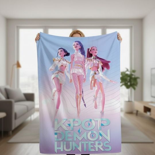 Discover Custom Huntrix Demon Hunters Blanket, Demon Hunters Graphic Throw Blanket, Personalized Fantasy Anime Film Bedding for Fan Gift