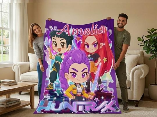 Discover Kpop Demons Hunters Chibi Blanket, Custom Huntr-x Demon Hunters Blanket, Personalize Huntrx, Rumi Zoey Mira Blanket, Kpop Huntrix Blanket