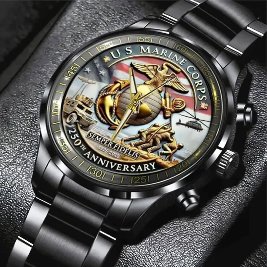 US Marine Corps Black Stainless Steel Calendar Band Watch