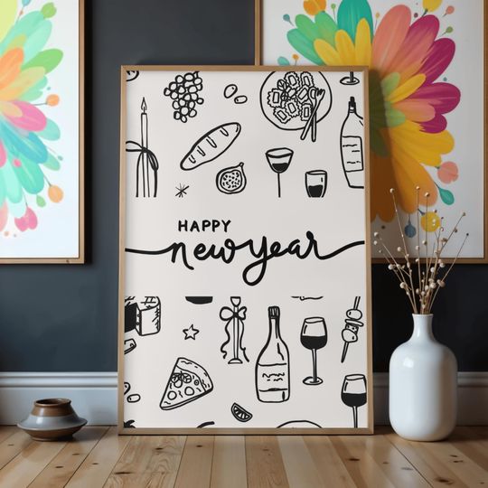 Discover NYE 2026 Digital Poster | New Year Line Art Printable | Party Food & Wine Decor