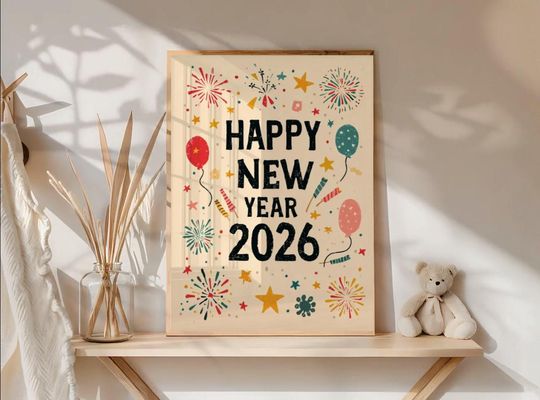 Discover happy new year 2026 poster vintage celebration wall art print retro holiday party decor festive new year print