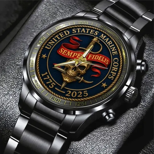 US Marine Corps 250th Anniversary Black Stainless Steel Calendar Watch