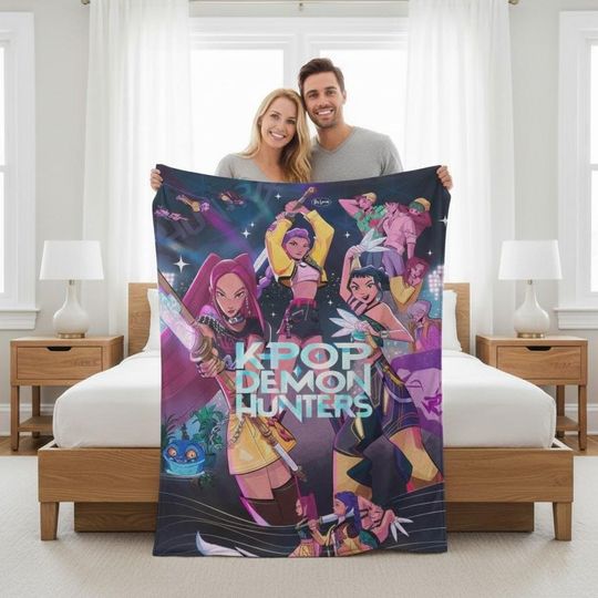 Kpop Demon Hunters Custom Blanket, Kpop Bedroom Decor, K-Pop Demon Hunters Huntrix Blanket, Anime Inspired, Cute Huntrix Inspired Blanket