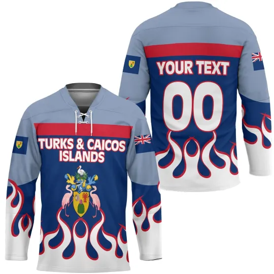 Discover Turks and Caicos Islands Hockey Jersey Flag & Coat Of Arms Fire Hockey Style