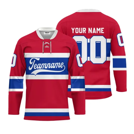 Discover Custom Red Montreal Lace Neck Printed Hockey Jersey Unisex Men Women