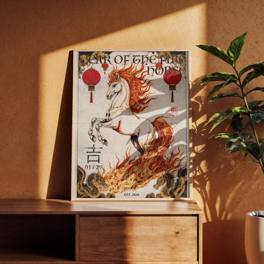 Discover Year of the Horse Poster Lunar New Year 2026 Wall Art Fire Horse Art Print Chinese Zodiac Decor Red Gold Gift Digital Download