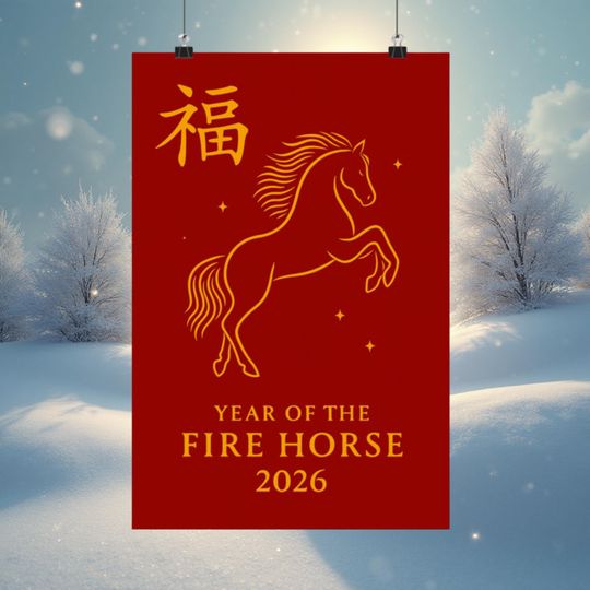 Discover Chinese New Year Horse Poster - Red and Gold Zodiac Wall Decor for Women, Lunar New Year Fire Horse 2026