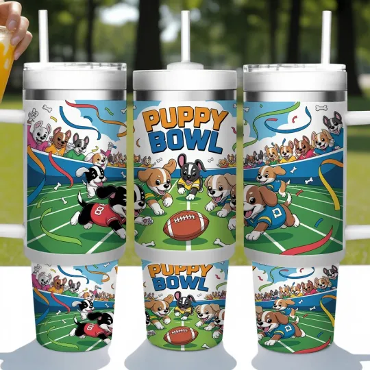 Discover Puppy Bowl cartoon design 40oz stainless steel tumbler