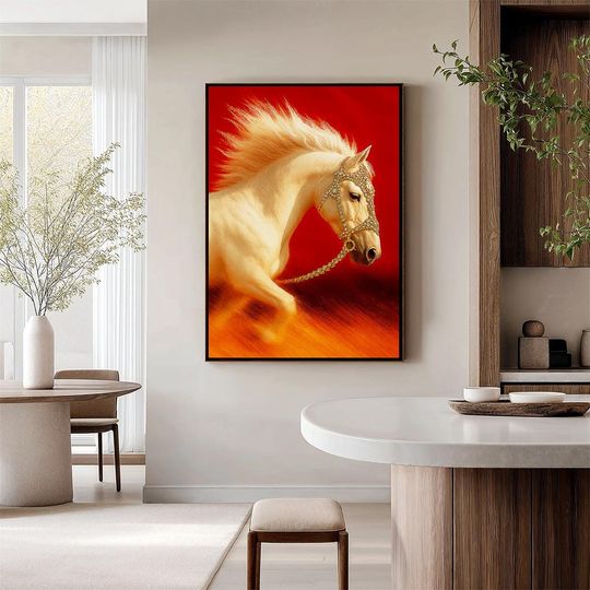 Discover 2026 Year of the Red Horse Wall Art, Fire Horse Print, Feng Shui Zodiac Poster, Lucky New Year Decor, White Horse with Gold Details