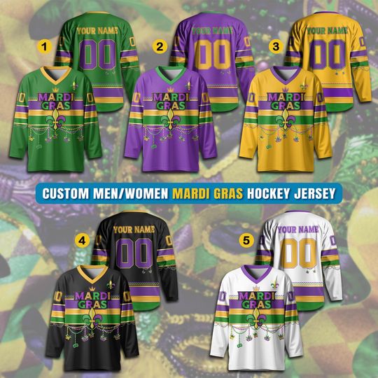 Personalized Mardi Gras Hockey Jersey for Men Women, Custom Name Mardi Gras Ice Hockey Jersey,Mardi Gras Outfit, Hockey Team Jersey for Fans