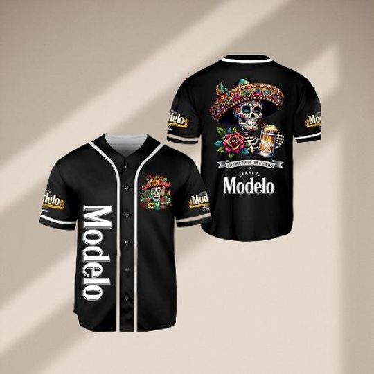Discover All Black Skull Drinking Modelo Negra Mexican Beer Día de los Muertos Baseball Jersey