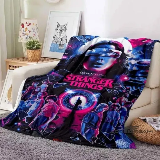 Soft Retro Cartoon Stranger Things Throw Blanket for Bed, Sofa, and Travel