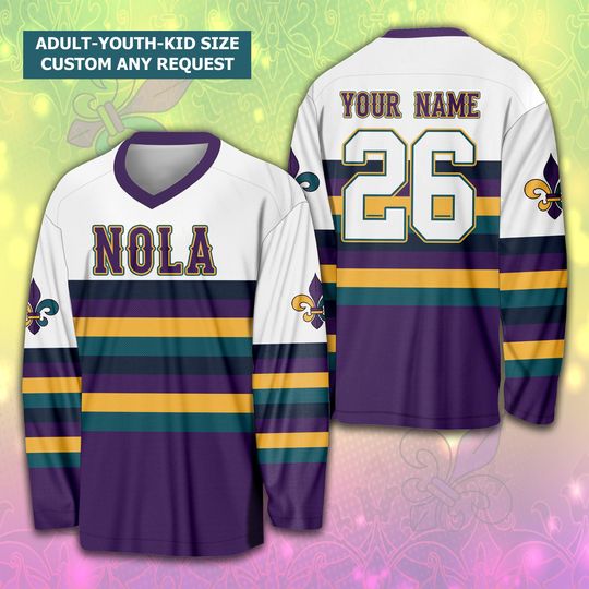 Personalized Mardi Gras Ice Hockey Jersey, Custom Fleur De Lis Hockey Shirt, Hockey Team Jersey, Mardi Gras Carnival Sports Uniform For Fans
